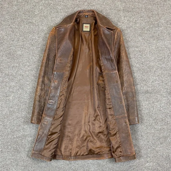 R&O Brand Brown Distressed Leather Trench Coat Jacket Womens S Mid-Length Patina - Picture 3 of 8